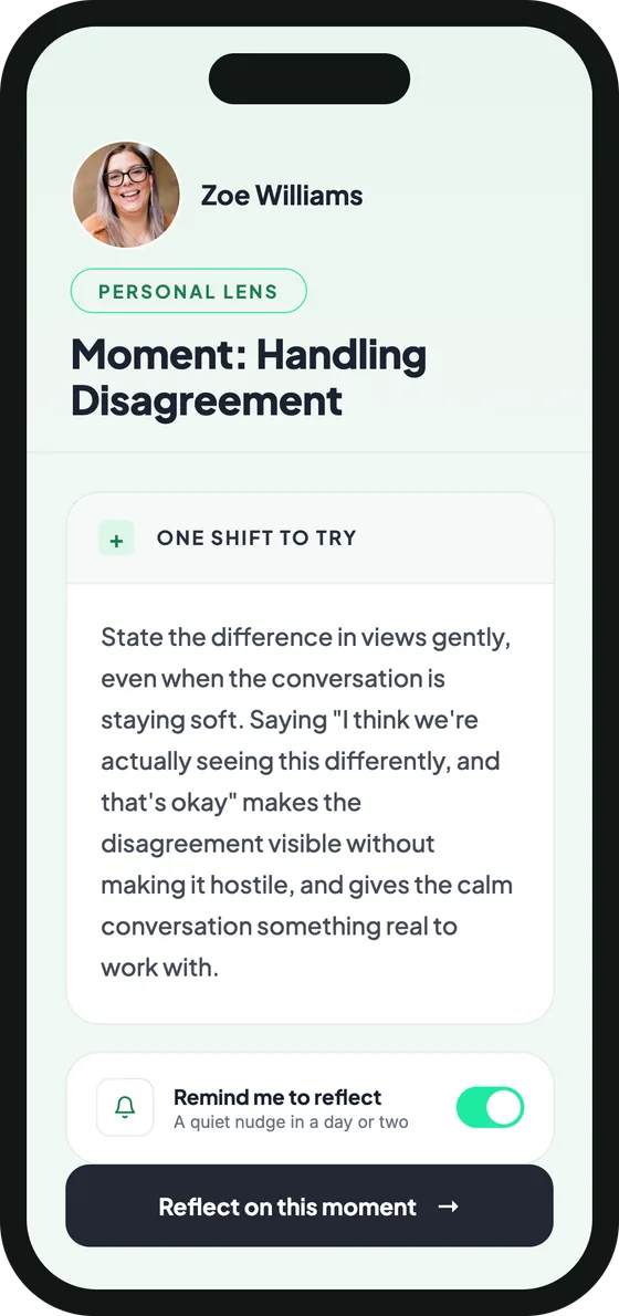 FlowConnect on a phone, showing coaching for a difficult moment